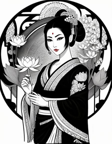 Geisha Holding Lotus Blossom Ink Drawing