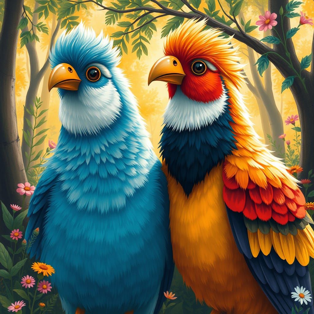 Whimsical Forest Birds in Vibrant, Fanciful Style