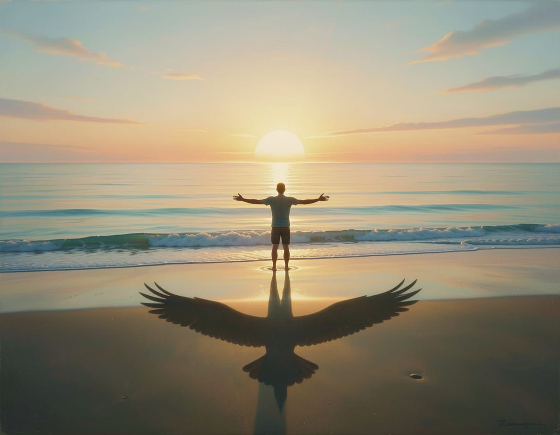 Surreal Sunrise with Shadow Bird on Wet Sand
