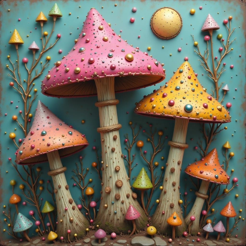 Surreal Robots Explore Whimsical Fungi in a Vibrant Cyberpun...