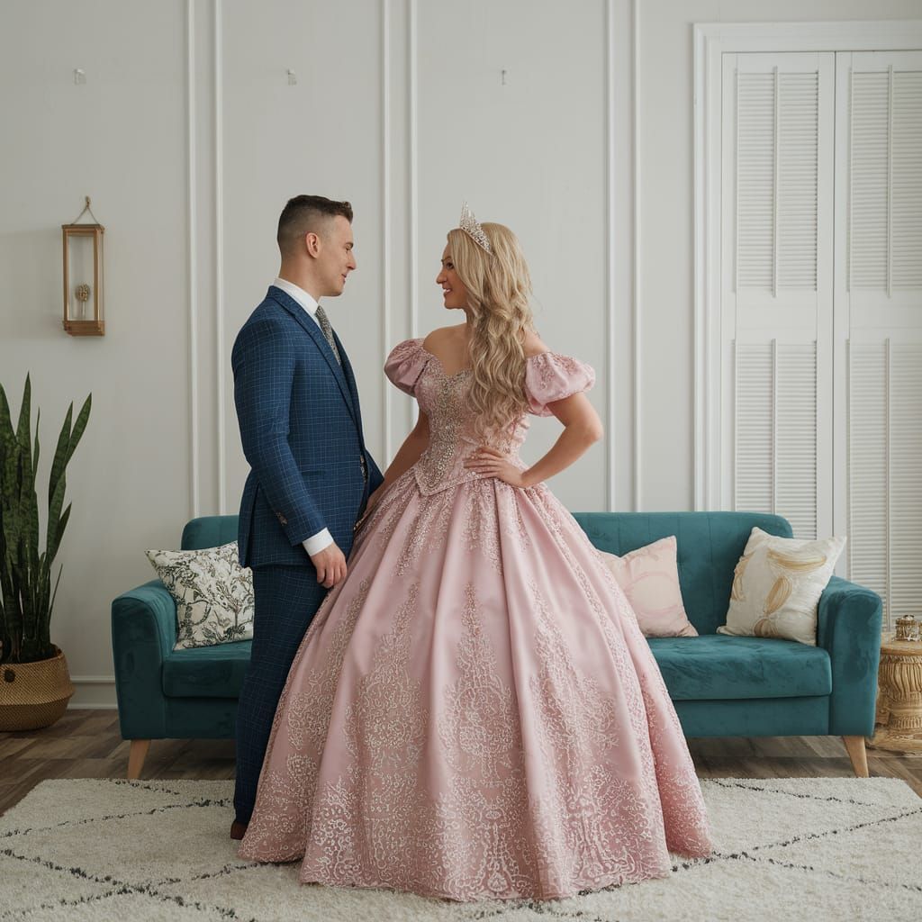 Crossdressing Woman in Quinceanera Dress, Realistic Photo