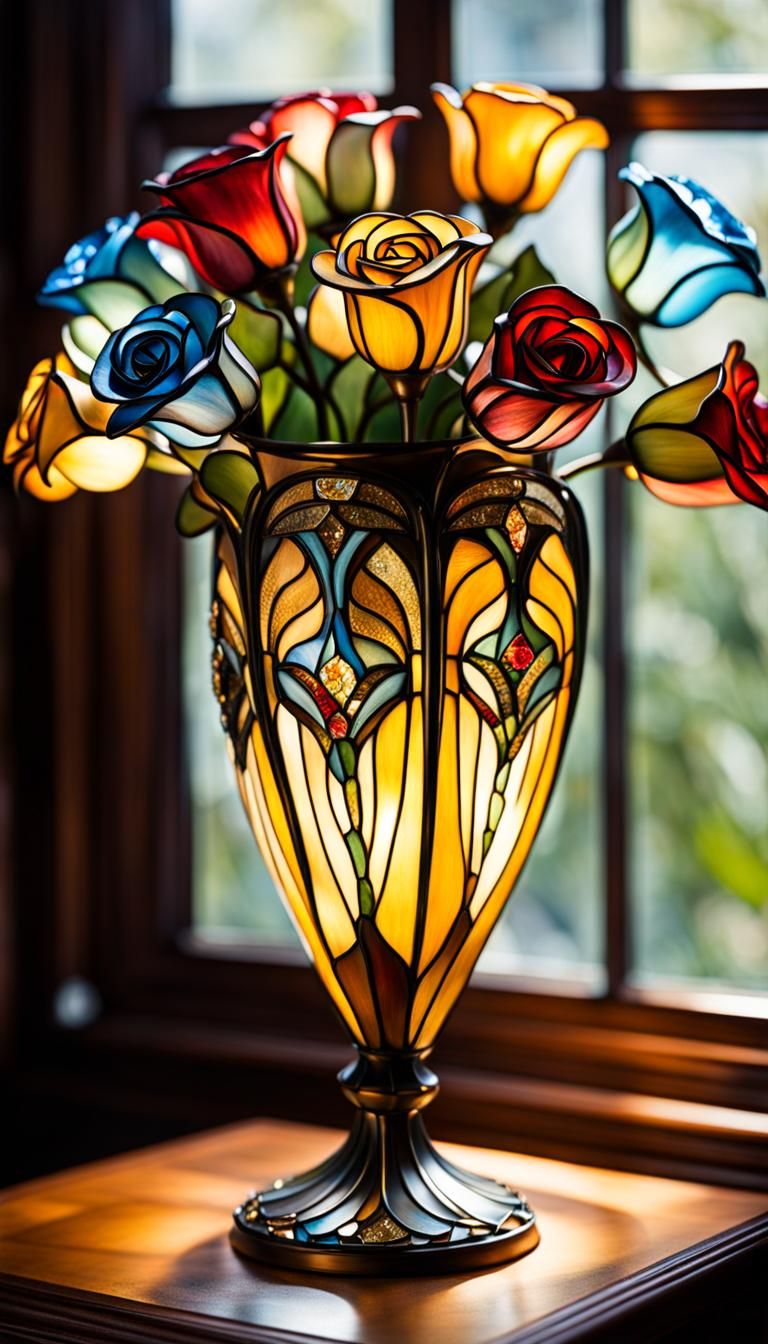 Tiffany Glass Vase with Crystal Roses in Art Nouveau Style