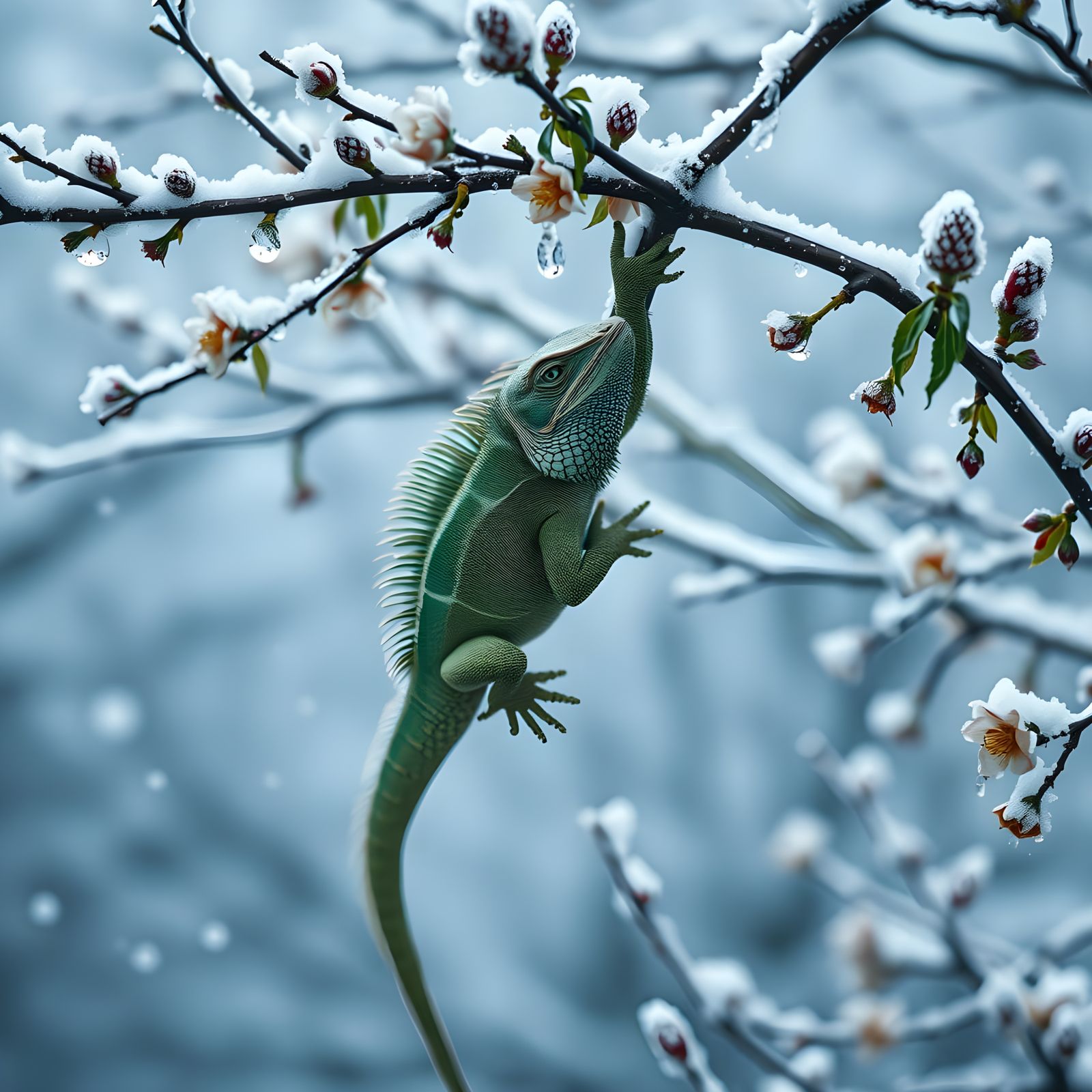 Epic Winter Wonderland Landscape with Frightened Iguana