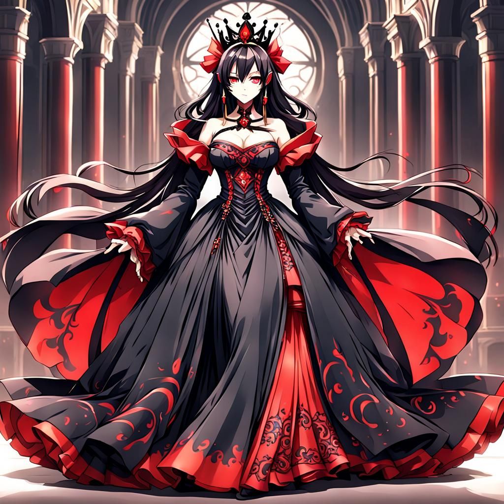 Elegant Dark Anime Queen in Red and Black