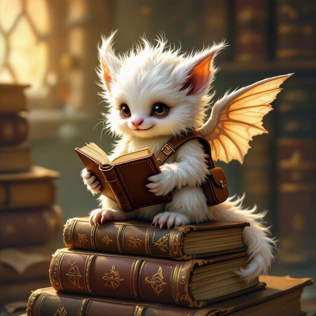 Fluffy Baby Manticore on Ancient Tomes in Fantasy Style