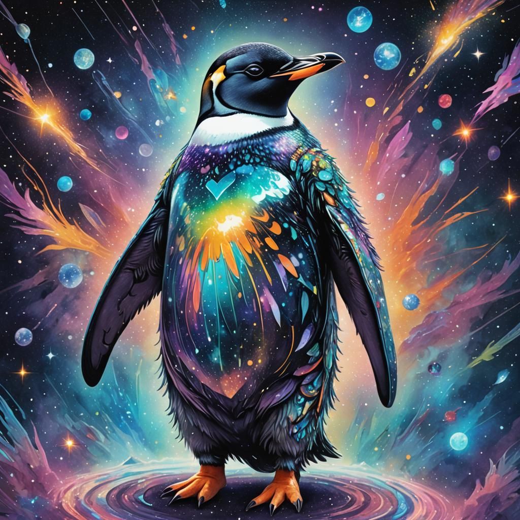 Astral Penguin in Space: Mixed Media Illustration