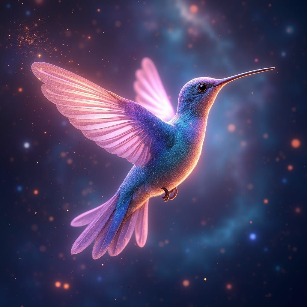 Ethereal Hummingbird in Cosmic Nebula, Iridescent Feathers w...