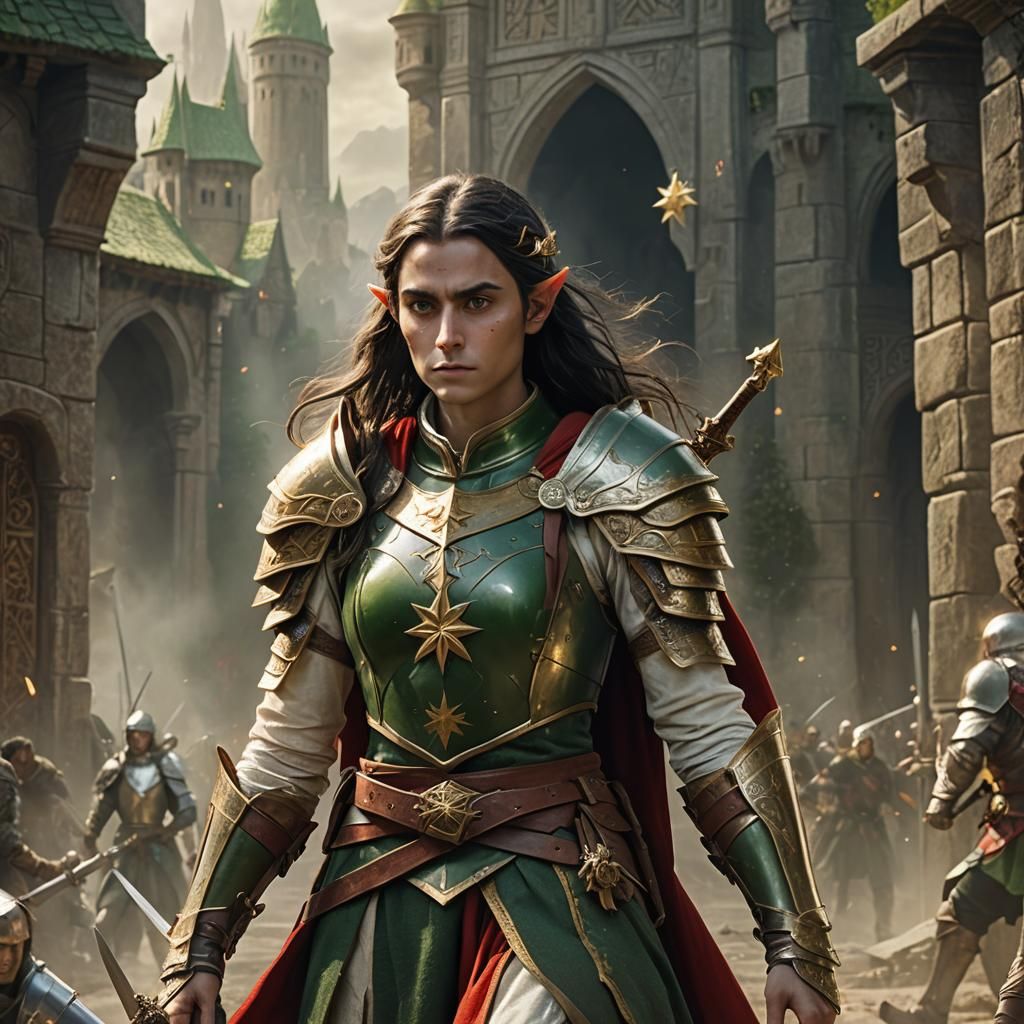 Female Elf Knight in Green and Gold Armor