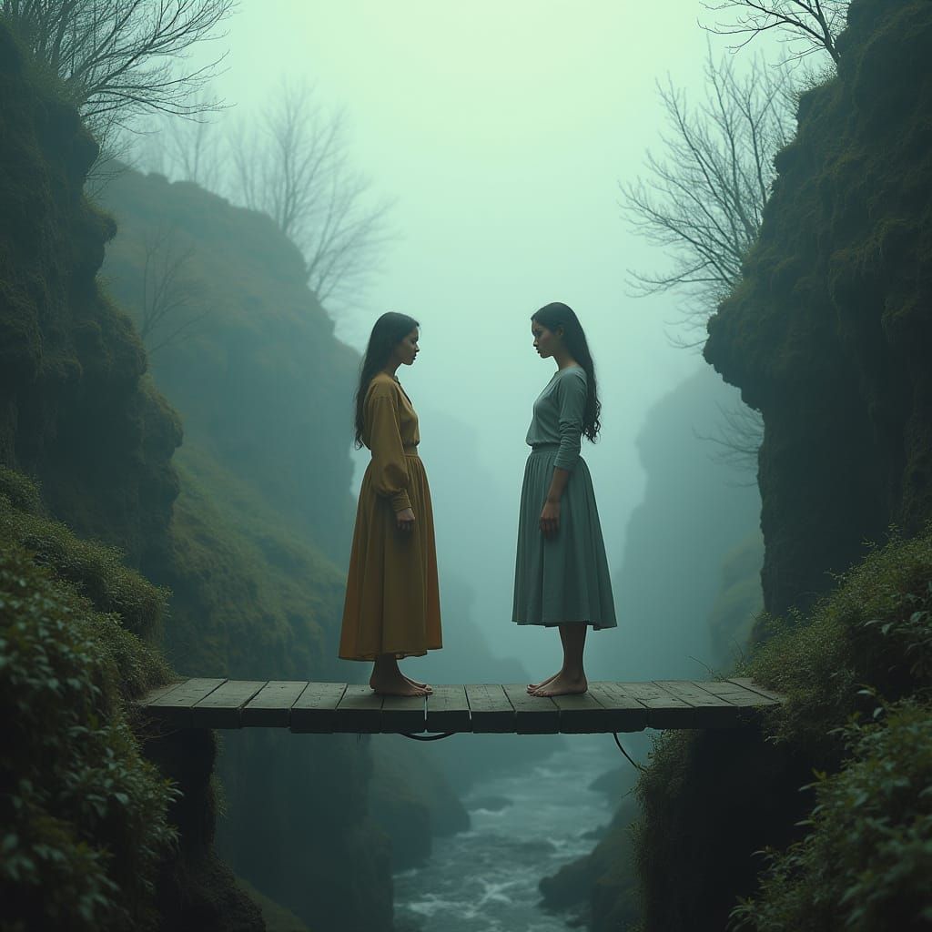 Contrasting Women at Misty Chasm in Cinematic Style