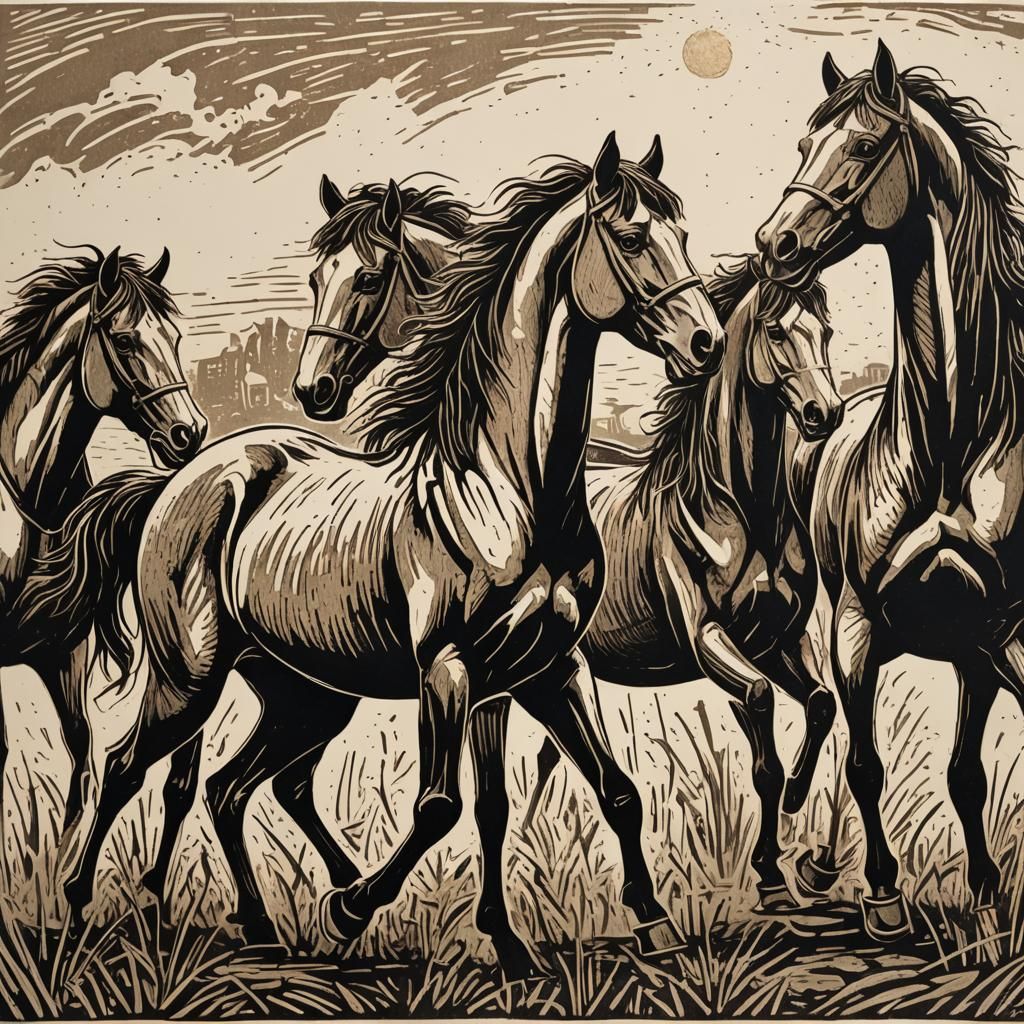 Linocut Horses with Stained Texture