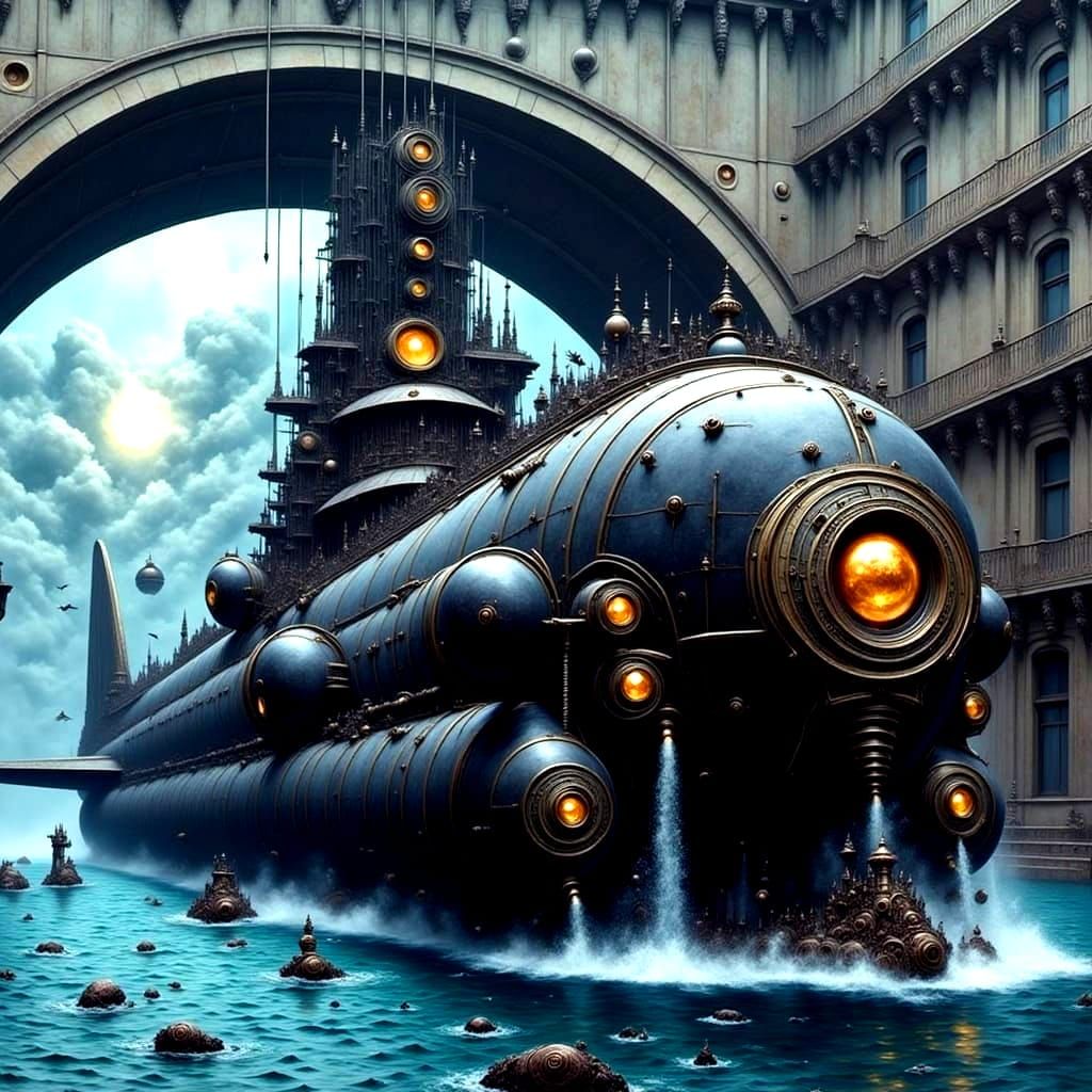 Steampunk Submarine in Surreal Landscape