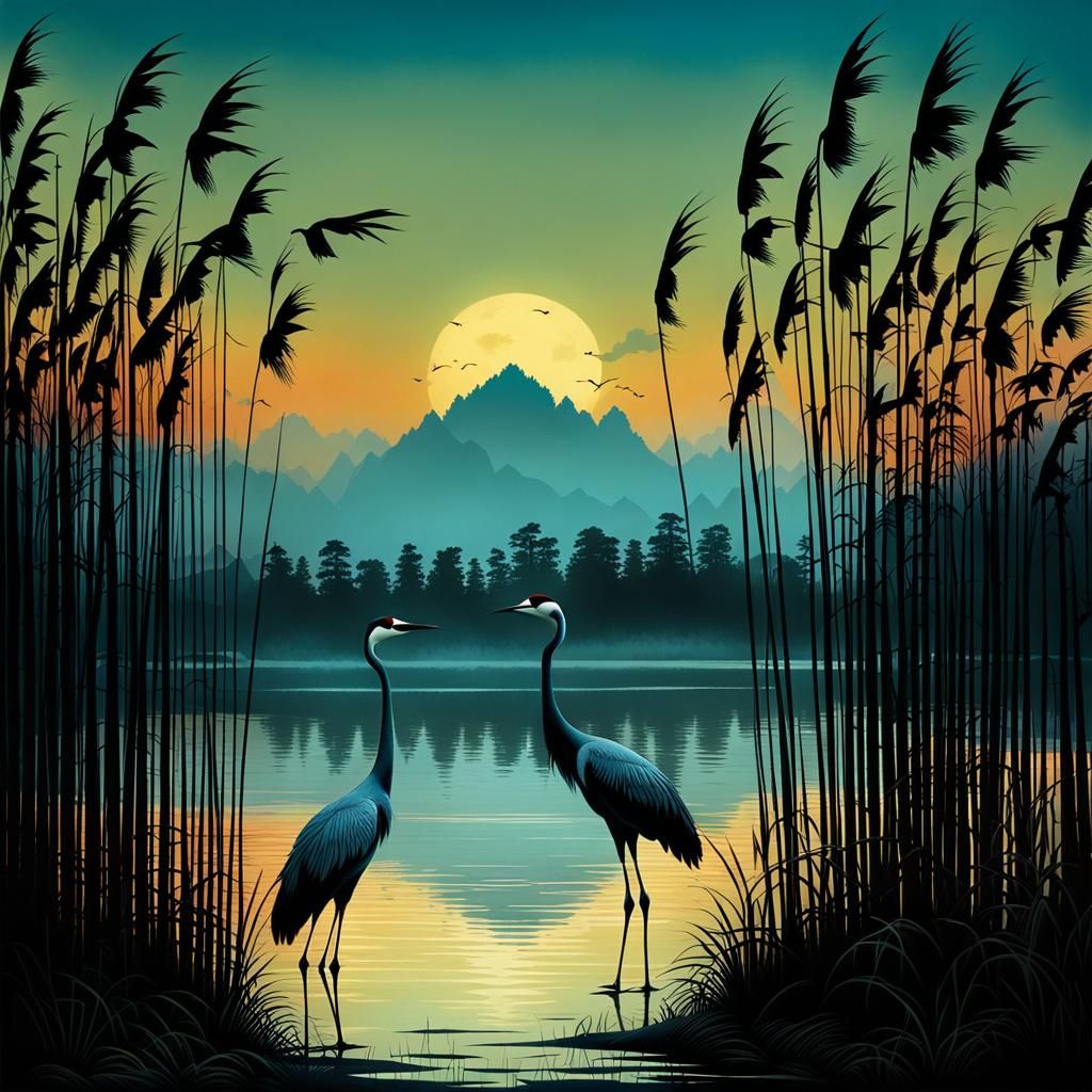 Cranes on Lake Shore in Graphic Novel Style