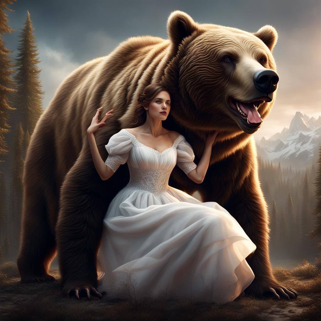 Lady and Bear: Detailed Matte Painting in Fantasy Style