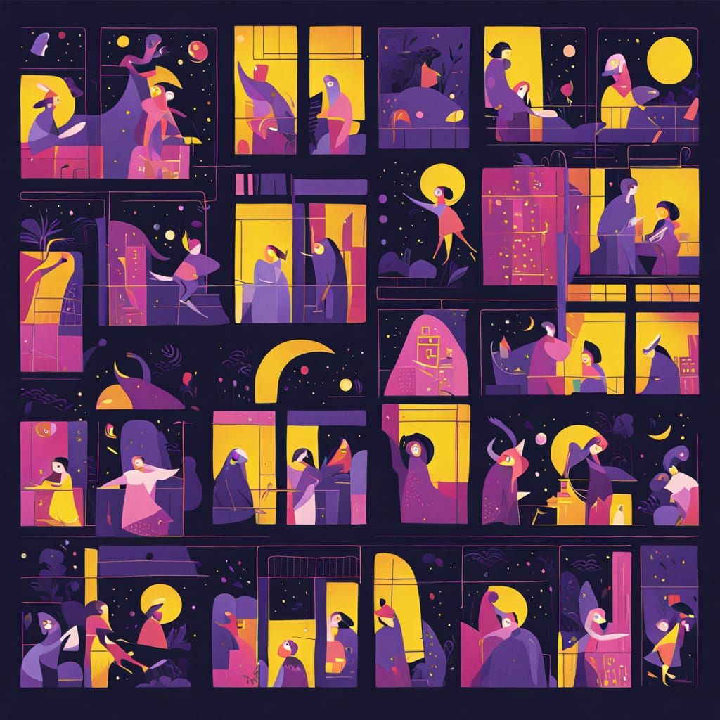 Vibrant Nighttime Neighborhood Scene in Editorial Style