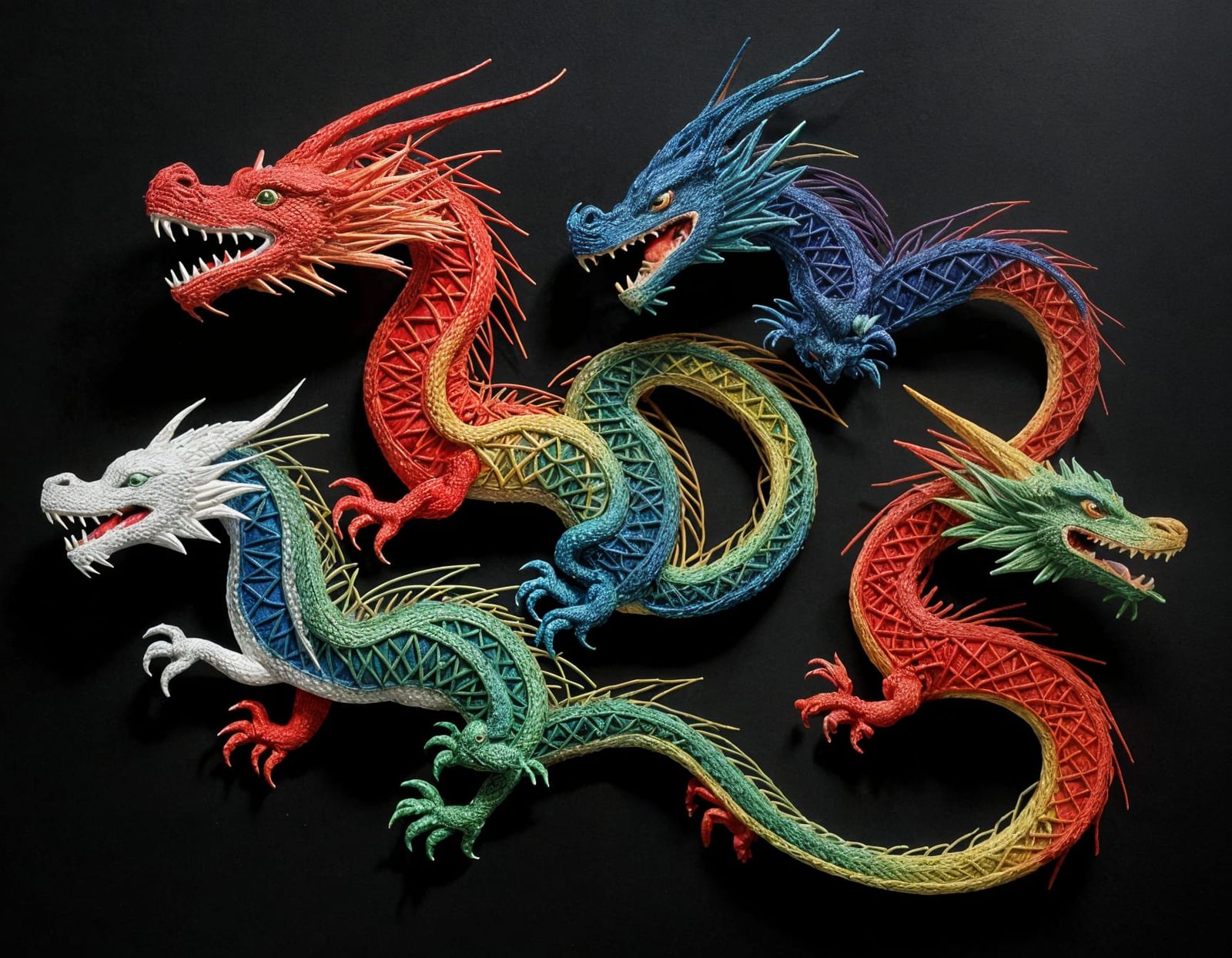 String Art Dragons in Prismatic Colors