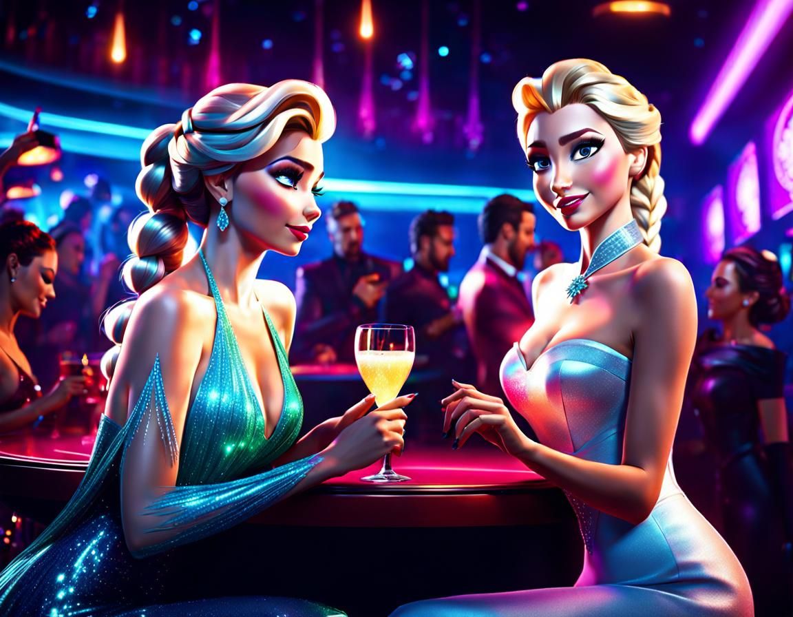 Elsa and Anna in Nightclub: High-Resolution Photography
