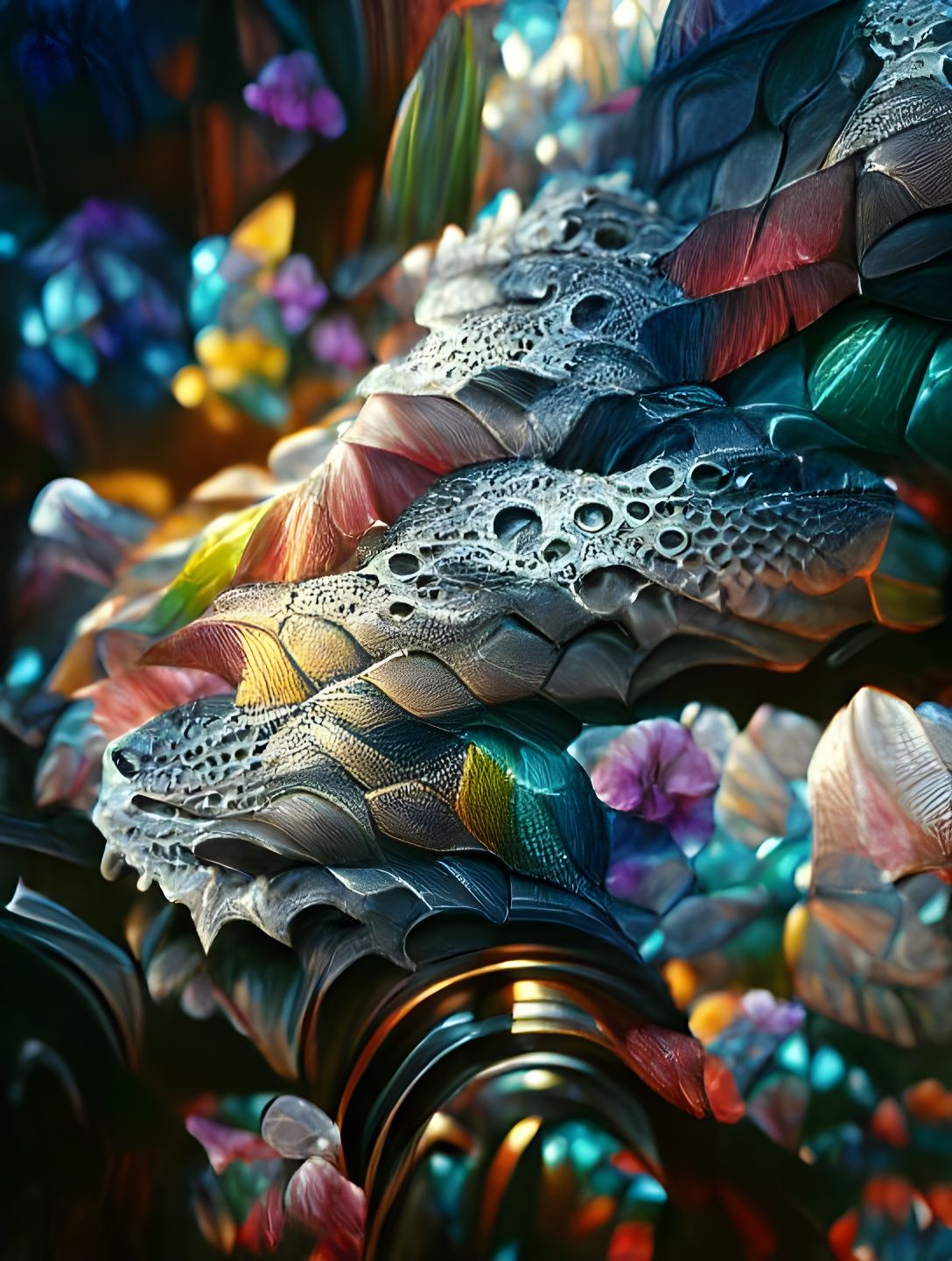 Colorful Dragon Scales with Gears and Petals