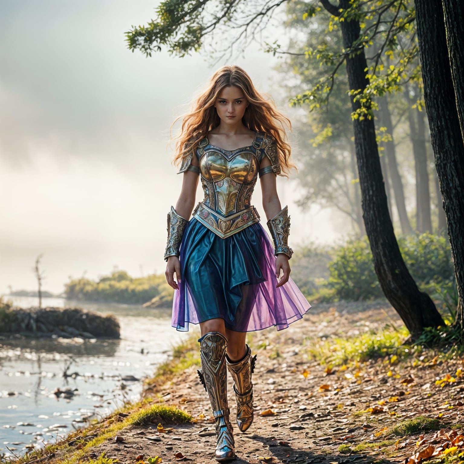 Hyperrealistic Woman in Colorful Armor Walking by Lake