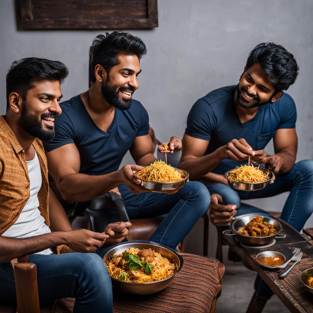 Men Enjoying Chicken Biryani Meal Together