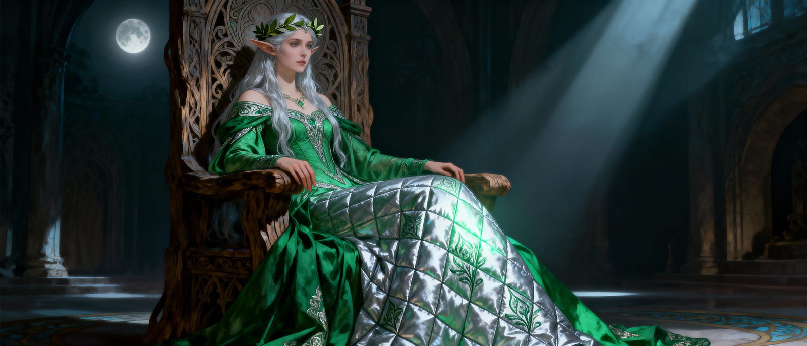 Regal Elven Queen in Quilted Emerald Gown