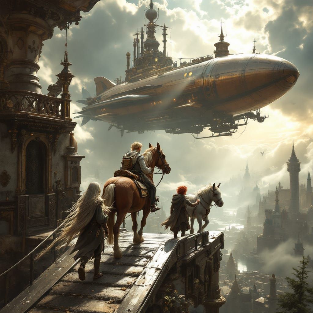 Fantasy Elf Boy Leads Horse Up Steampunk Tower