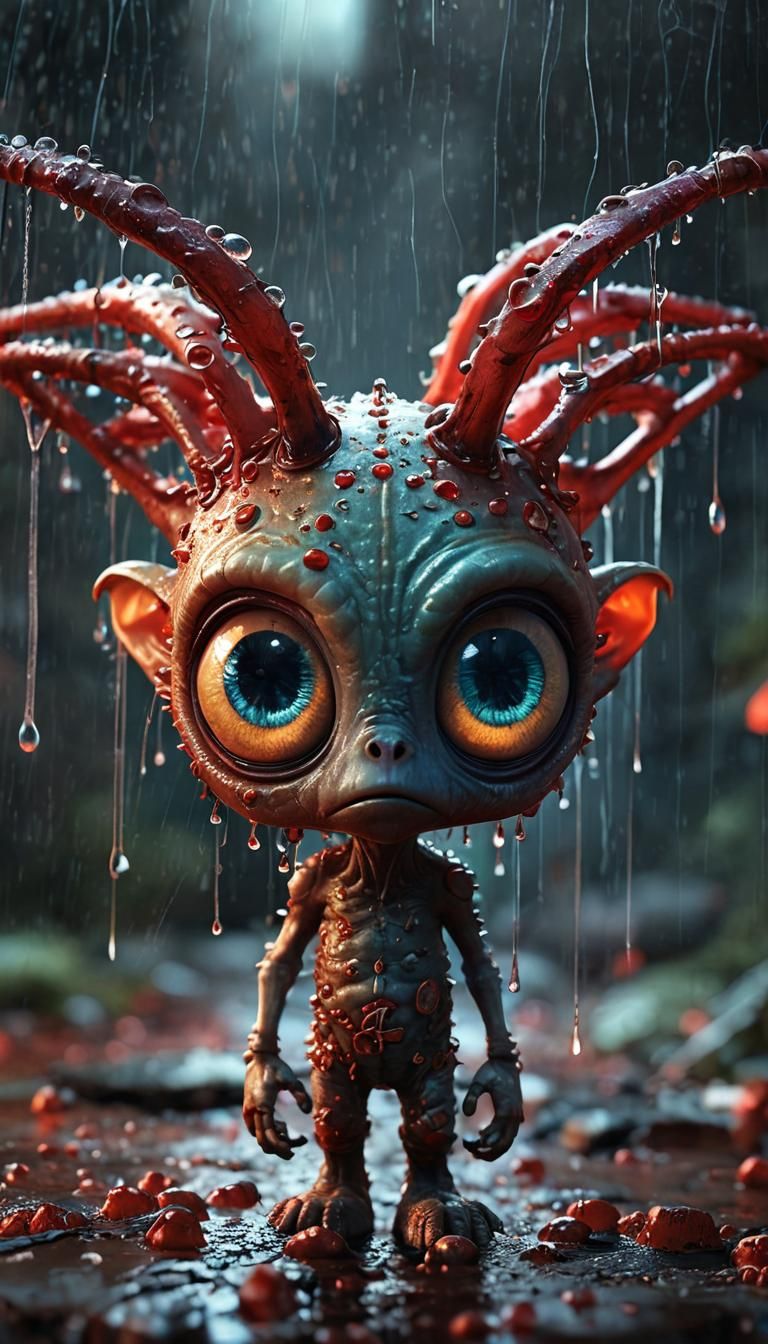 Surreal Alien Sorrow in Blood Rain, Fantasycore Artwork