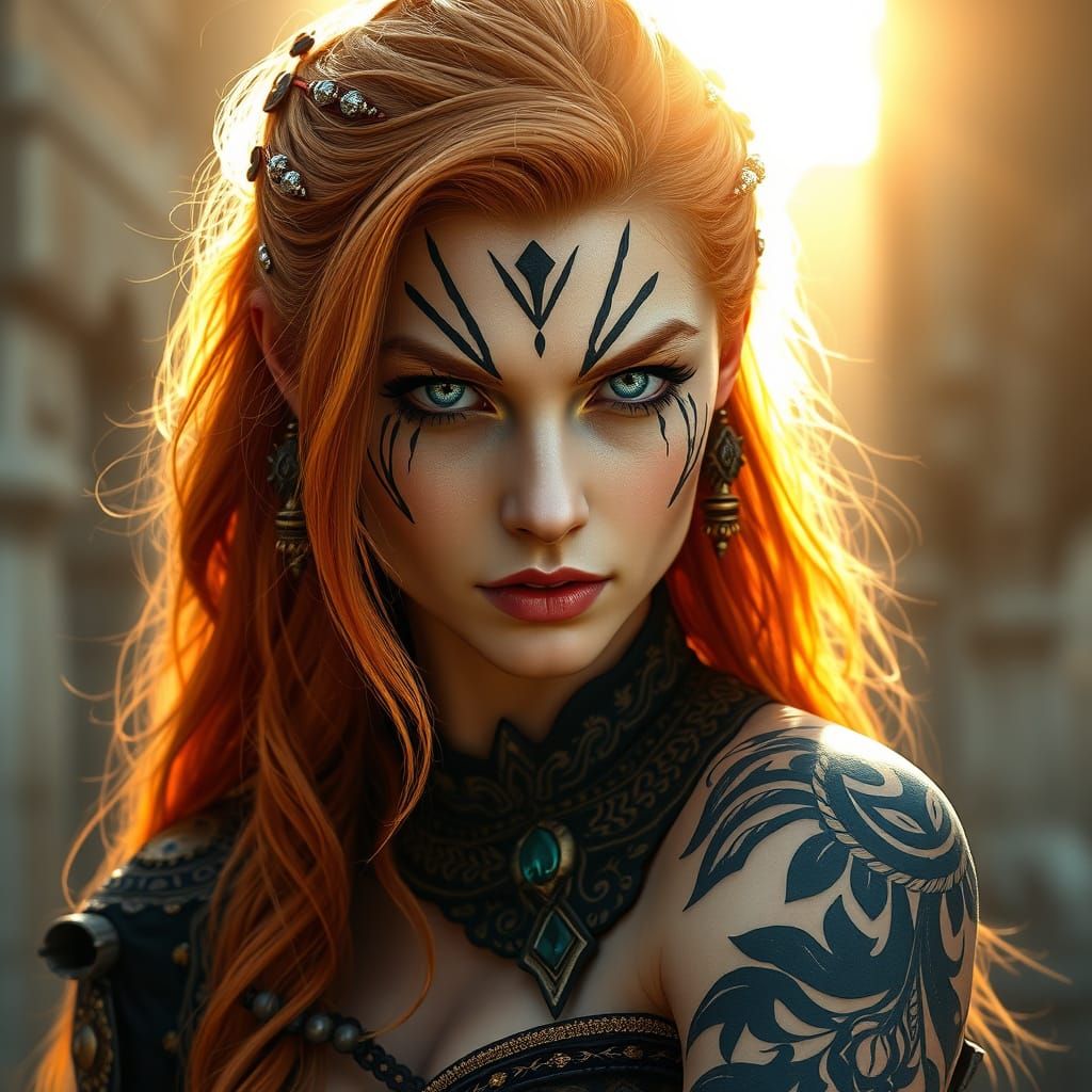Fierce Redhead Portrait with Tribal Face Paint