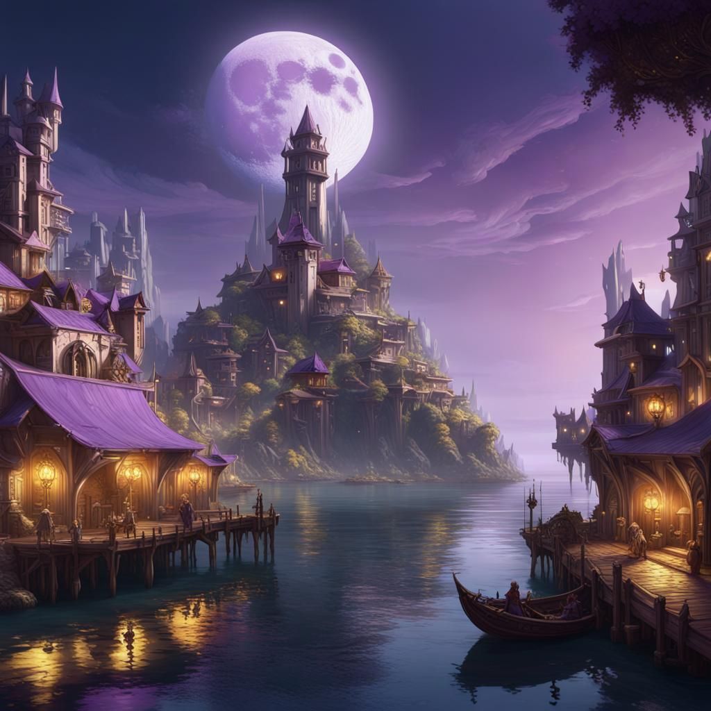 Detailed Moon Elf Island City in Dark Fantasy Style