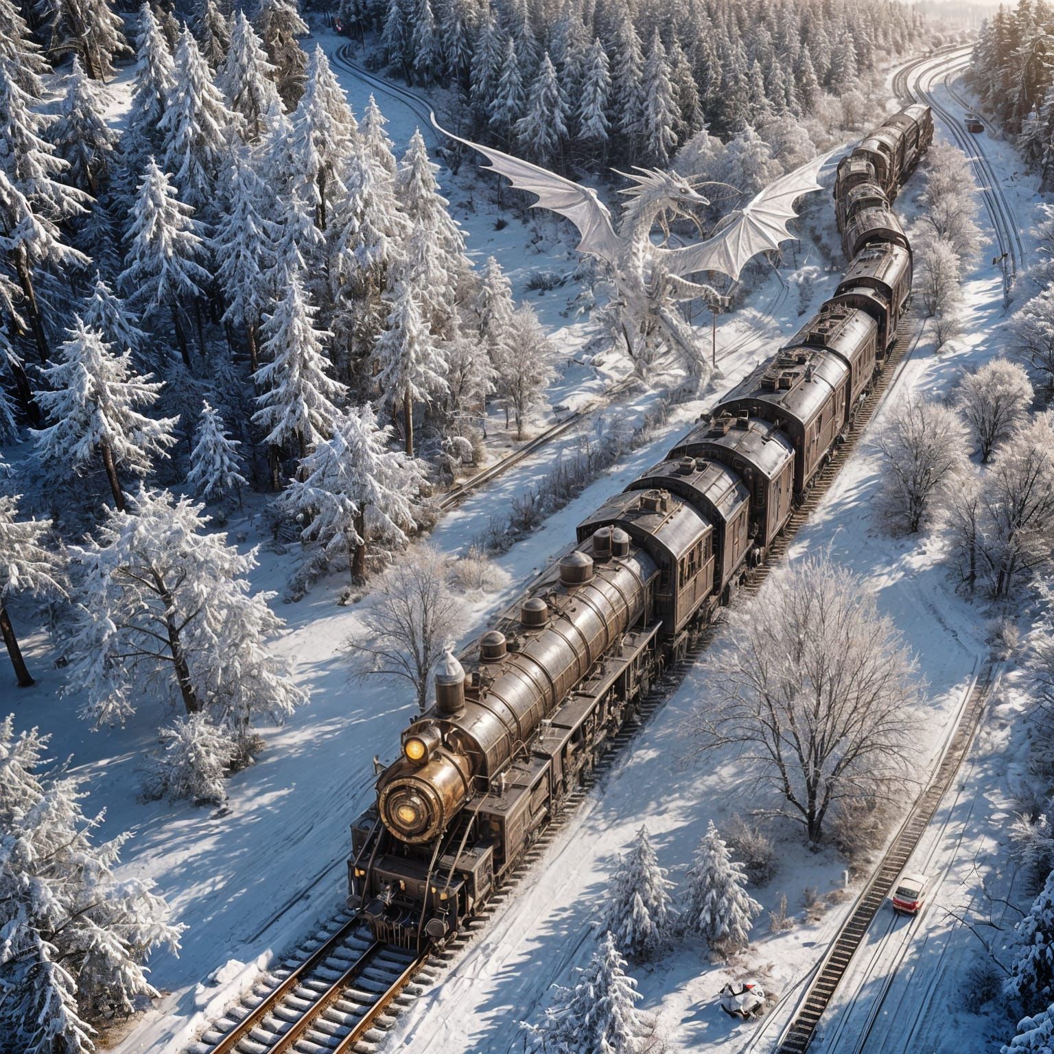 White Dragon Over Steampunk Train in Snowy Landscape