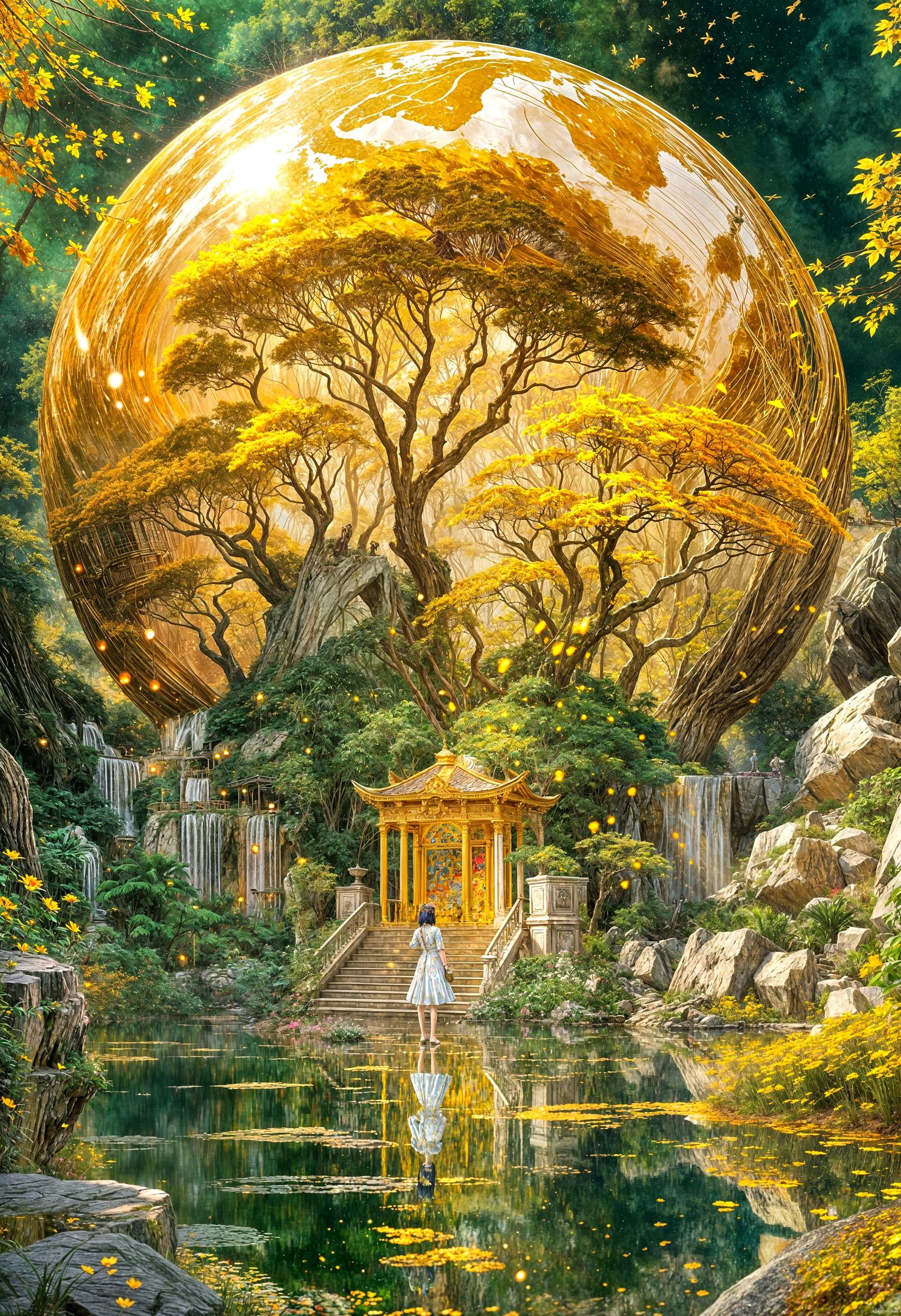 Gold Marble Garden in Anime Style Watercolor