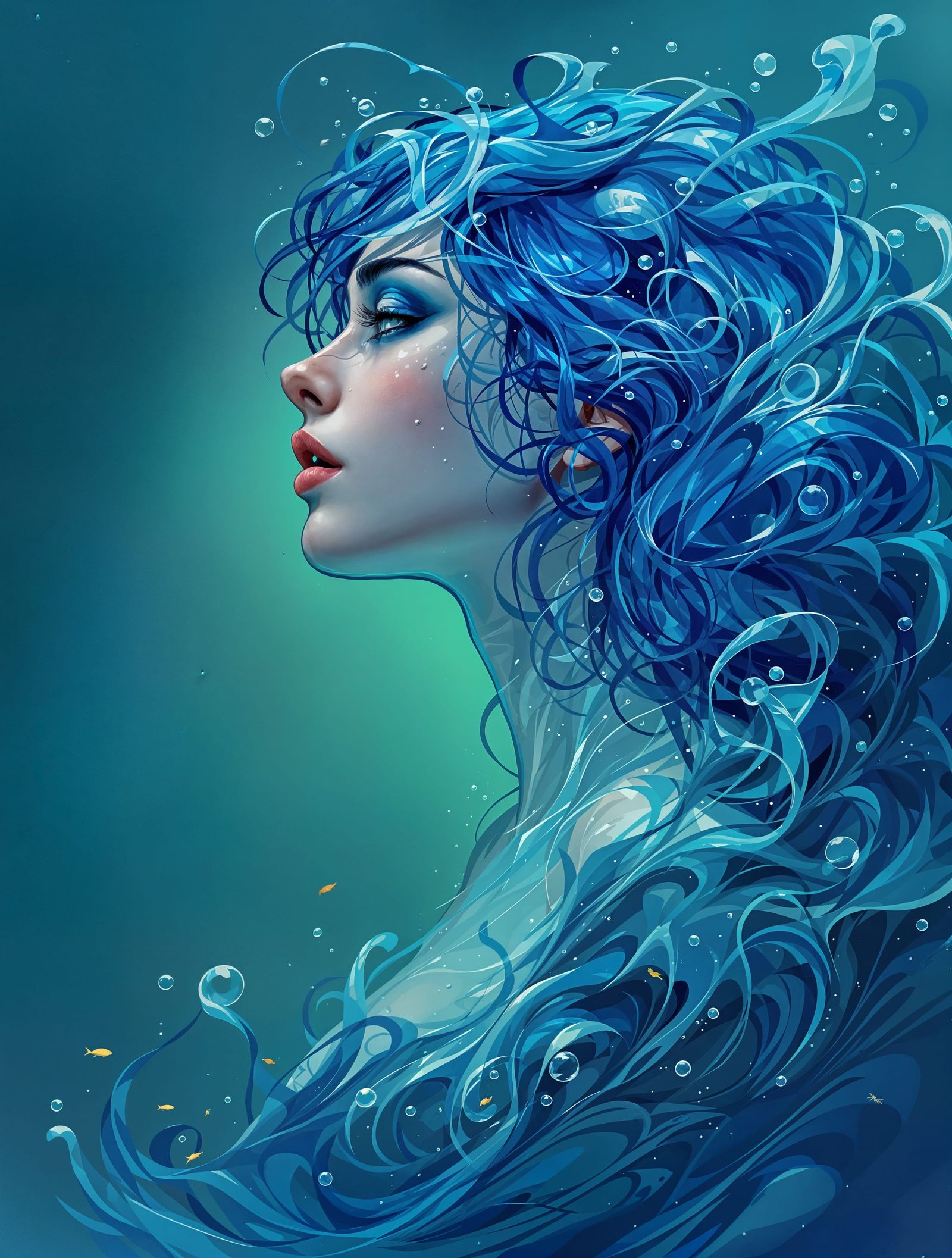 Dreamlike Portrait of a Blue-Haired Water Woman in Tears