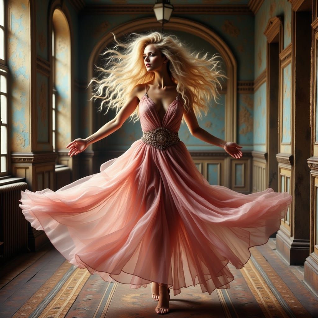 Beautiful Woman Dances in Abandoned Art Deco Theater