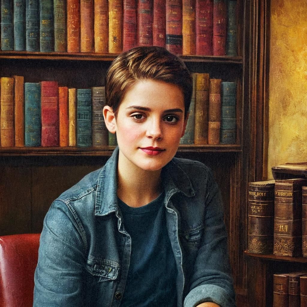 Cozy Library Portrait in Oil Painting Style