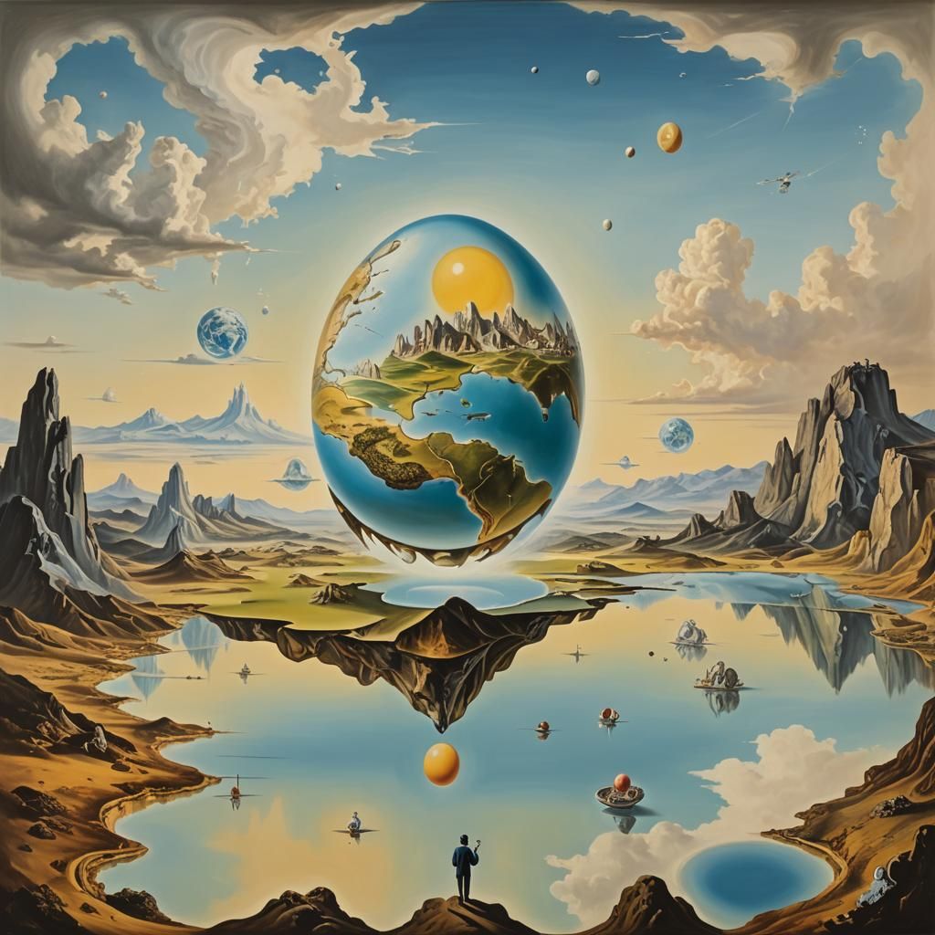 One egg with a map of the world form floating in the sky, pe...