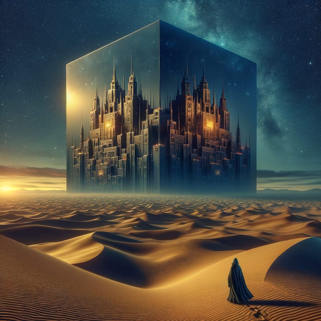 Surreal Desert Cube Reflects Fantasy City