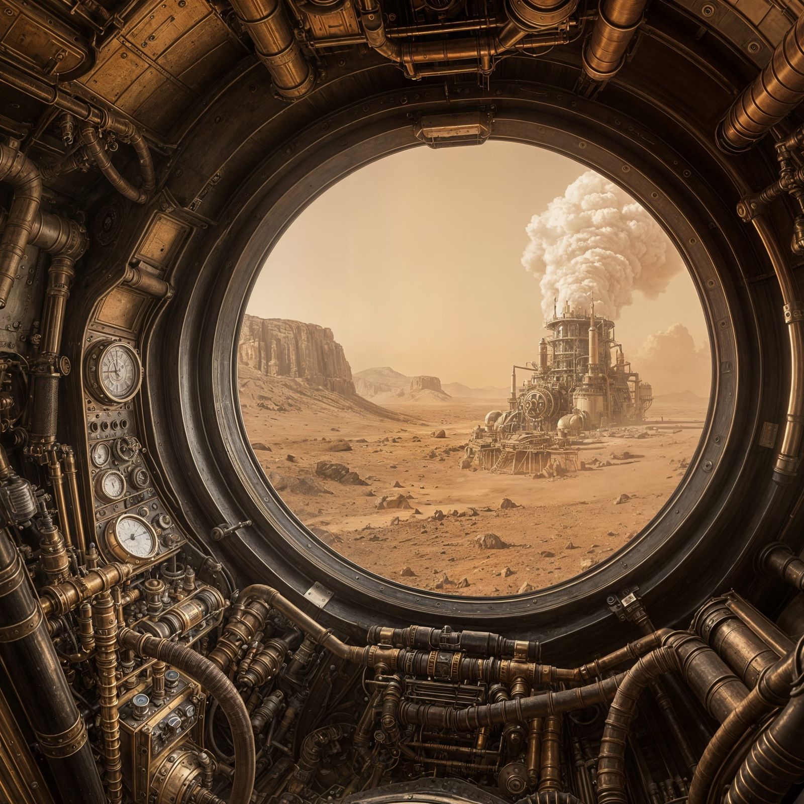 Steampunk Rocketship Interior Overlooking Mars
