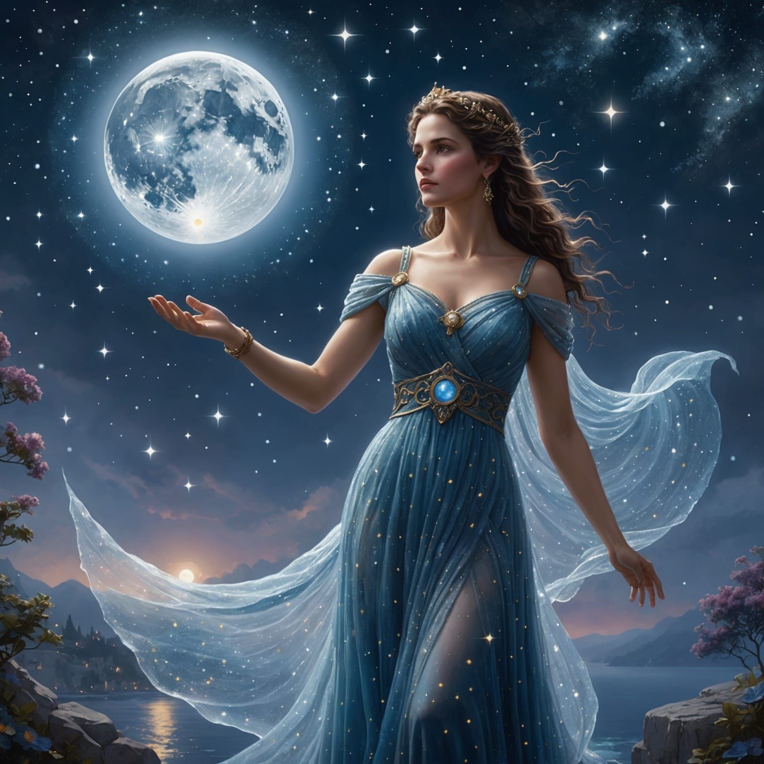 Selene, Goddess of the Moon, in Starry Gown