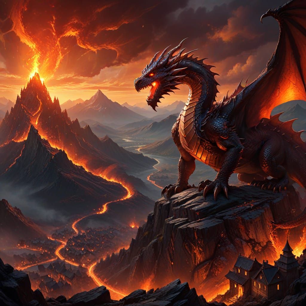 Epic Dragon Overlooking Burning Village