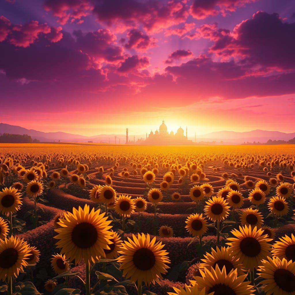 Sunflower Labyrinth with Roman City, Matte Painting