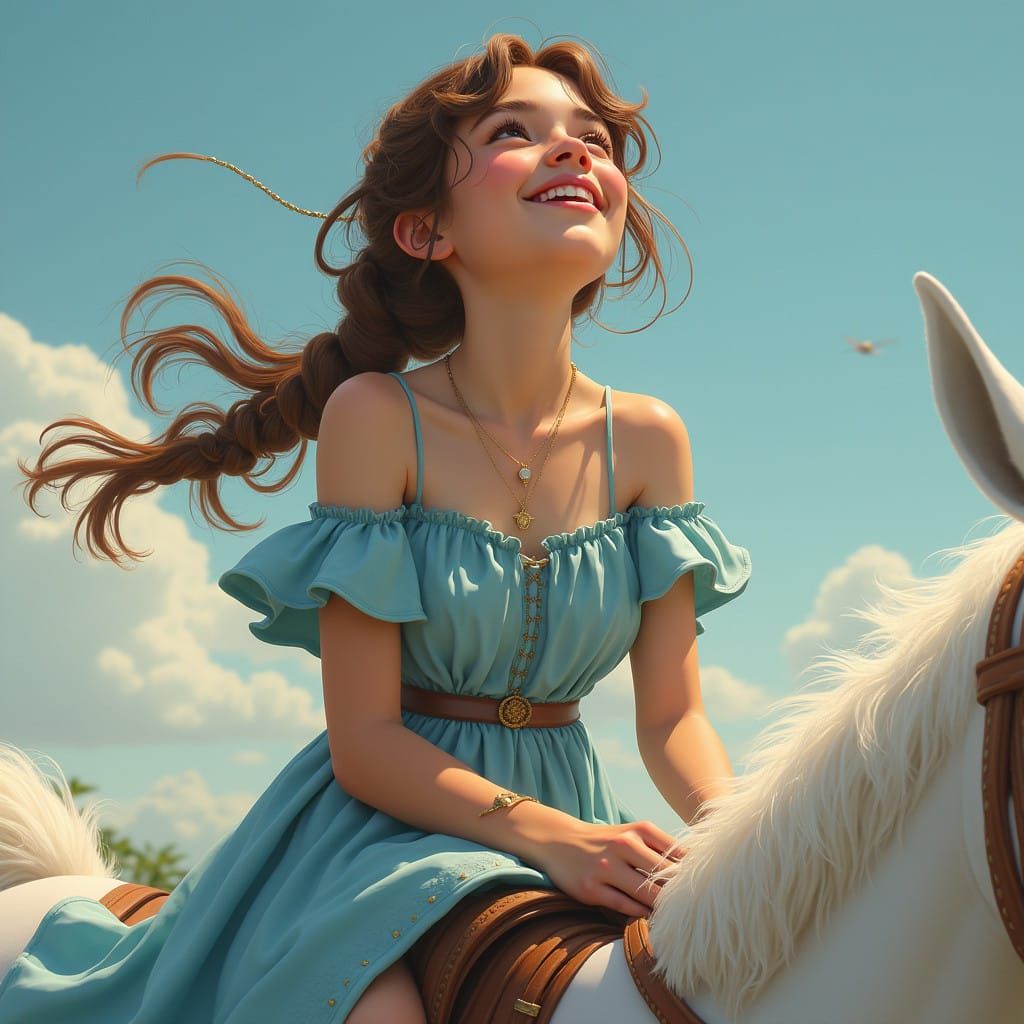 Maiden of Whimsy Rides Majestic Steed in Dreamlike Landscape