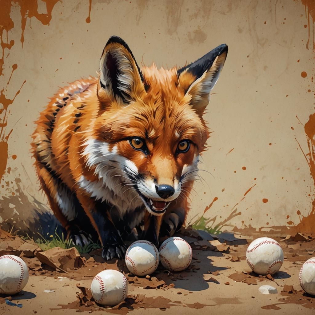 Hyperrealistic Fox Chewing Baseball Splash Art