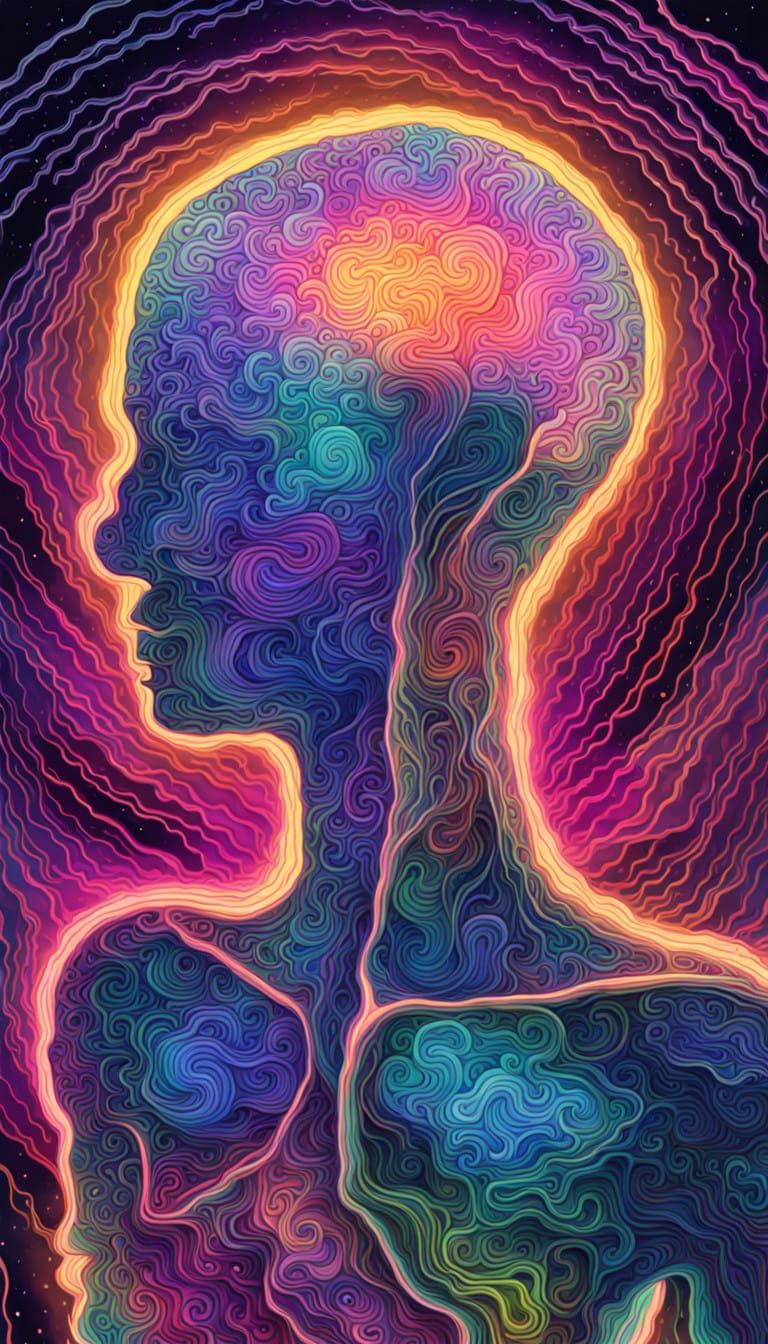 Zentangle Iridescent Masterpiece 
A large Human Brain On a Bioluminescent Surfboard, Surfing a Stream of Aurora  Through...