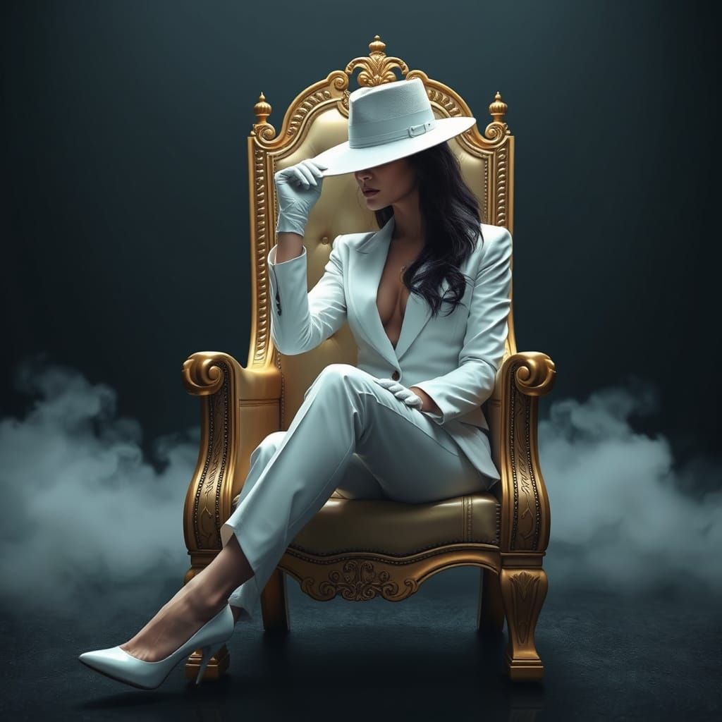 Female Mob Boss on Golden Throne in Hyperrealistic Style