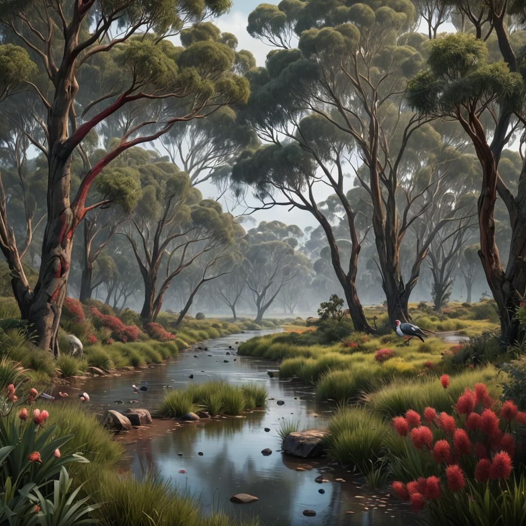 Australian Landscape with Native Flora and Fauna