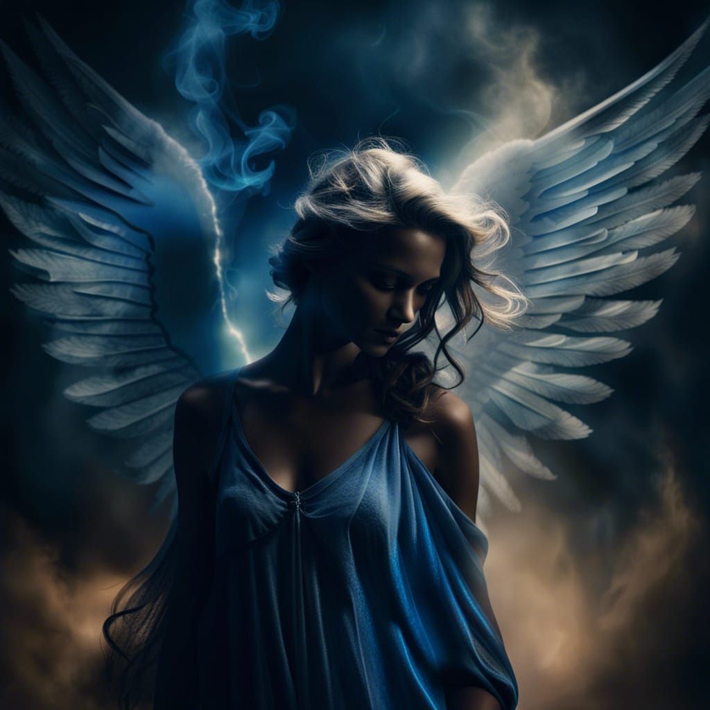 Silhouette of an Angel with broad angel wings, blue tones high tonal contrast, HDR, ethereal, thick soft wispy smoke ten...