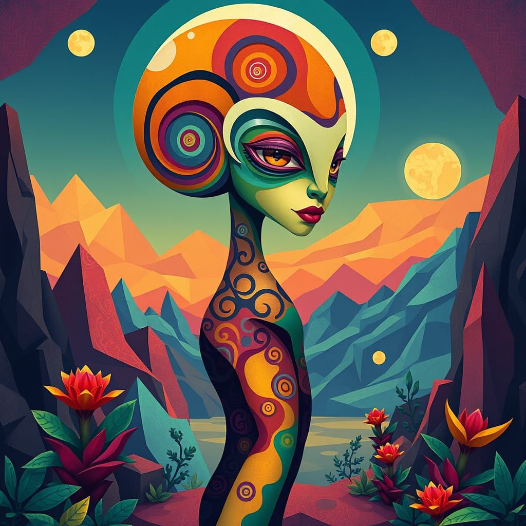 Curvy Alien on Lush Planet in Cubist Style