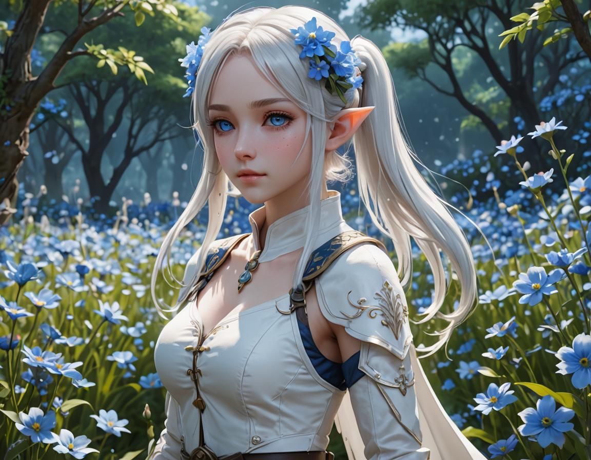 a short elf girl, with white hair, two ponytails on her head...