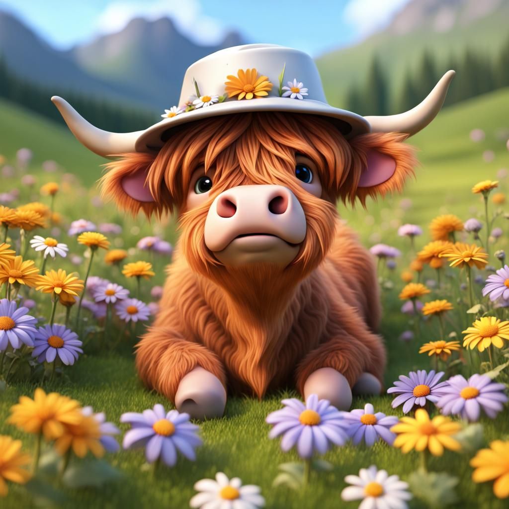 Disney Pixar style 3D adorable baby Highland cow, wearing a bucket hat, flower, laying in a meadow in flowers