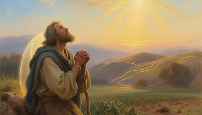 Shepherd Gazes Heavenward in Golden Sunrise