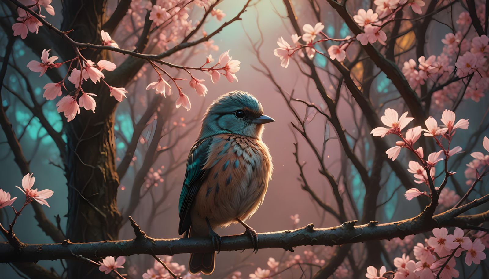 Futuristic Baby Bird on Branch in Synthwave Style